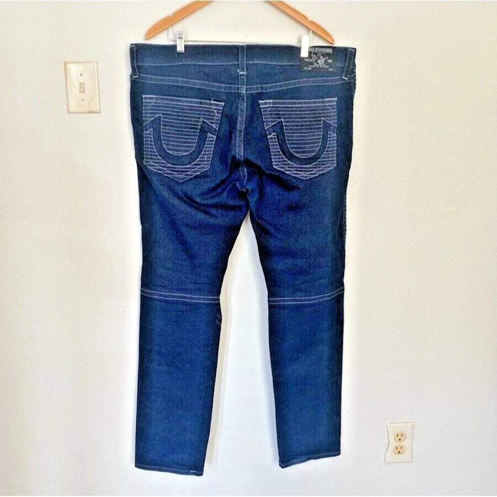 True Religion Jeans Men 42X33 Blue Denim‎ Moto Slim Run Stitch Double Knee